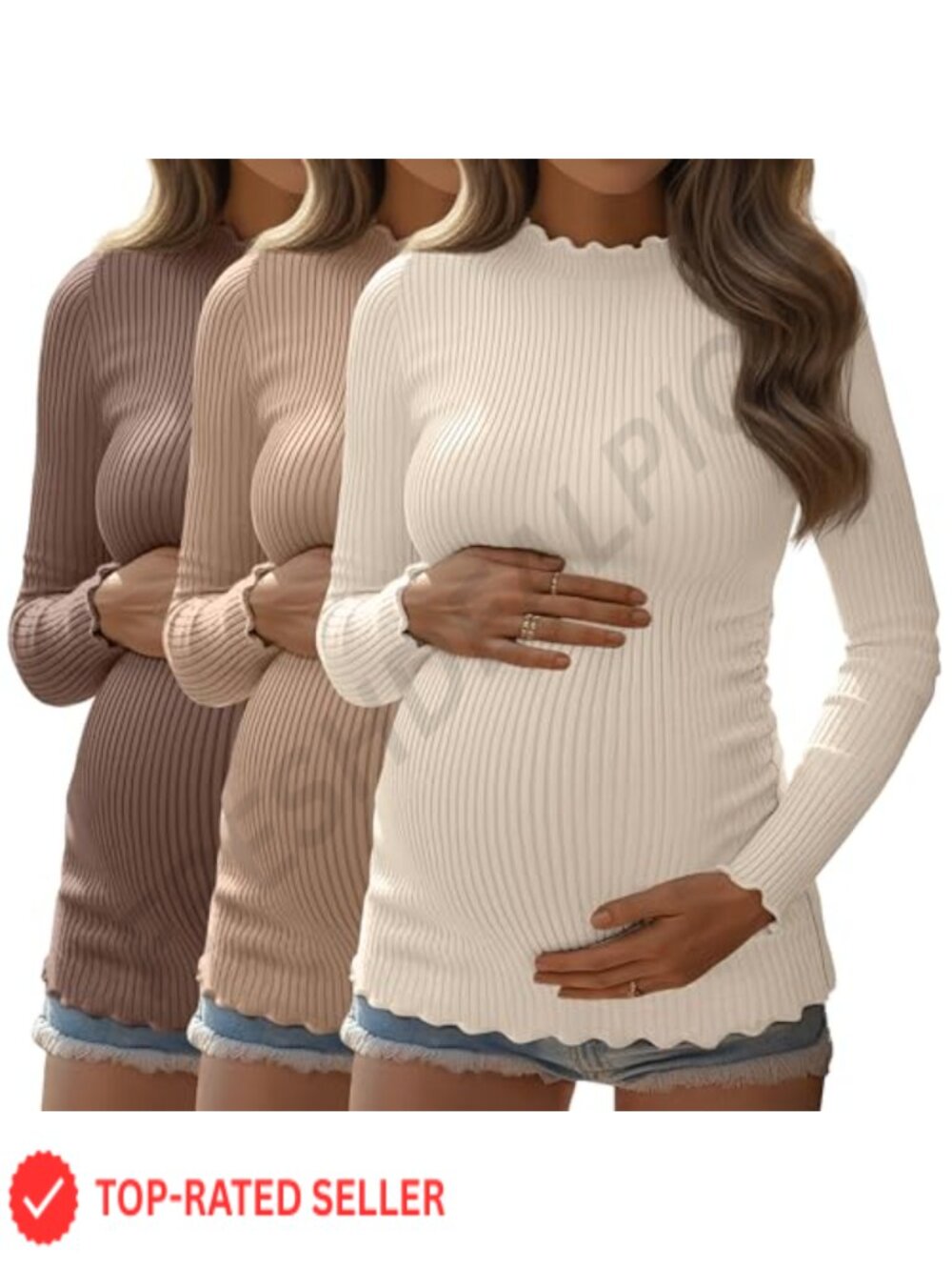 3 Pack Ribbed Knit Maternity Long Sleeve Tops Mock Turtleneck Ruch